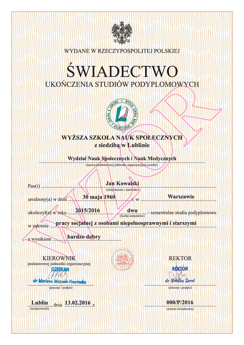 Świadectwo studiów podyplomowych WSNS
