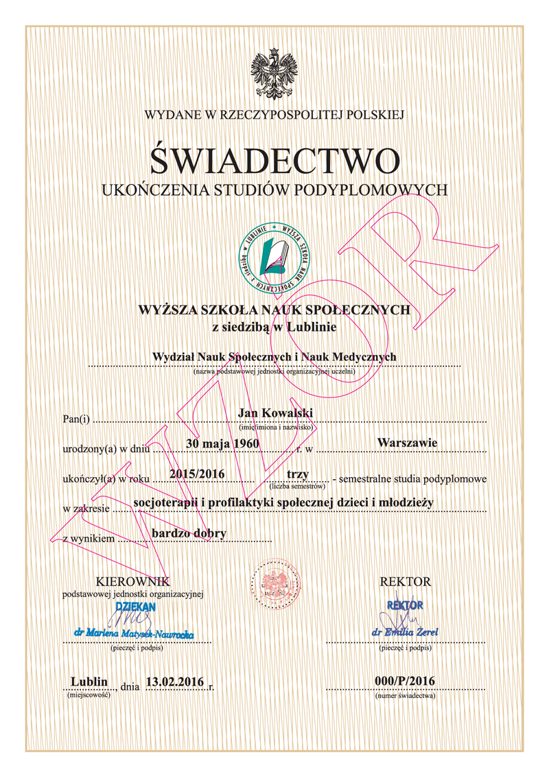 Świadectwo studiów podyplomowych WSNS