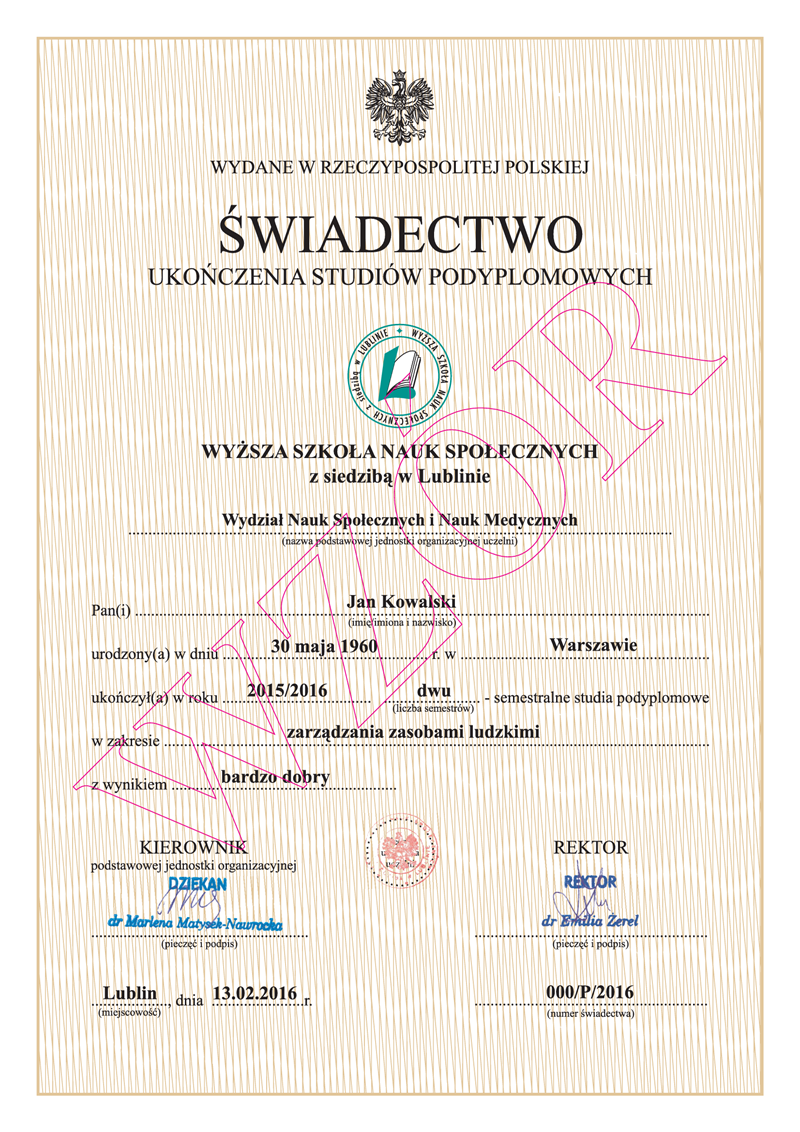 Świadectwo studiów podyplomowych WSNS
