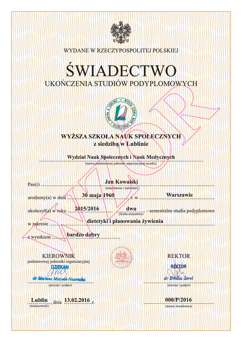 Świadectwo studiów podyplomowych WSNS